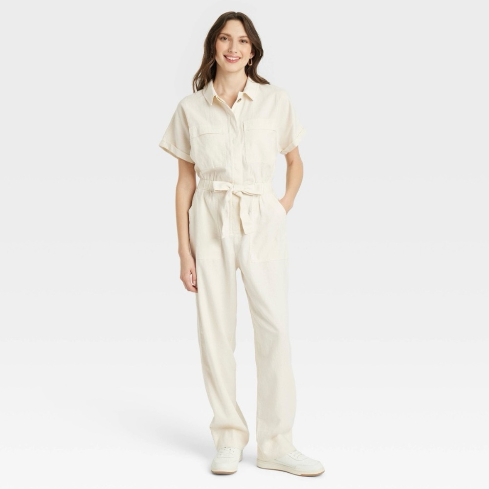 Universal Threads Cream Short Sleeve Linen Boilersuit Jumpsuit Womens Size 10 - Picture 2 of 12